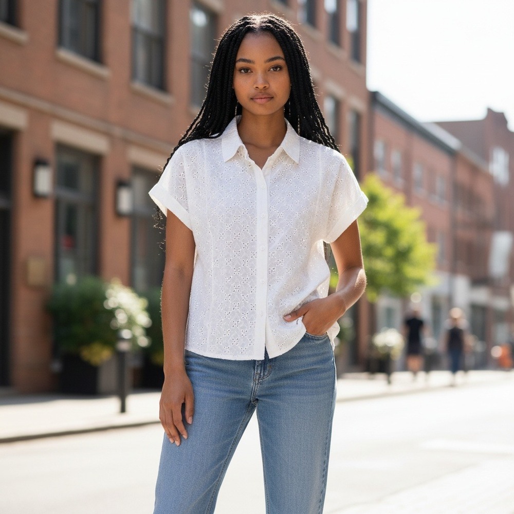 Forgotten Grace Eyelet Lace Button Down Shirt XL White Short Sleeve SB2050